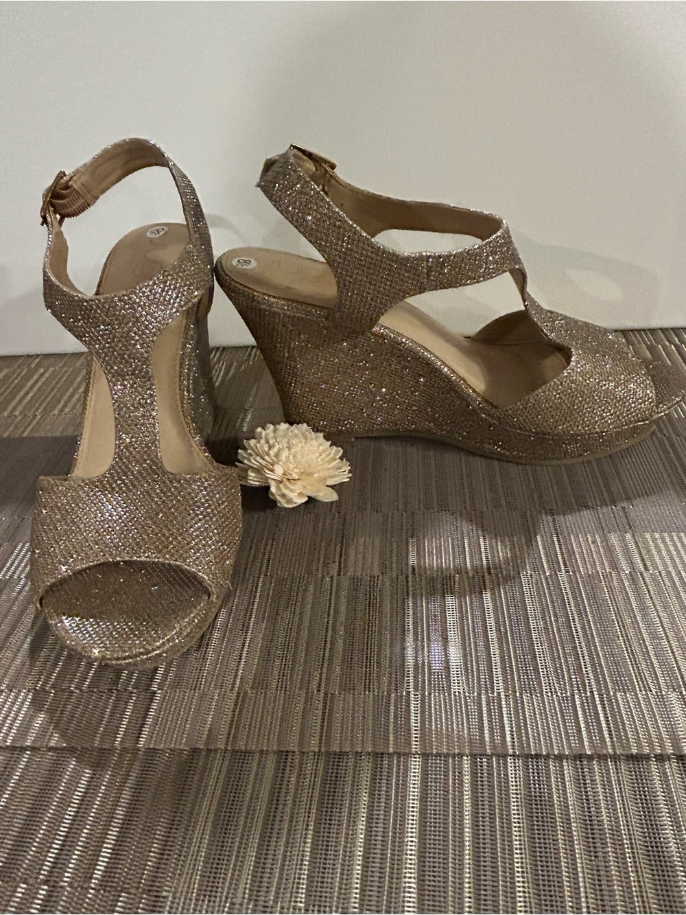 Sugar Glitter Wedge Sandals in Champagne Gold
